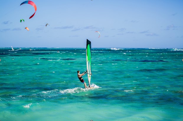 windsurfers on le morne beach in mauritius