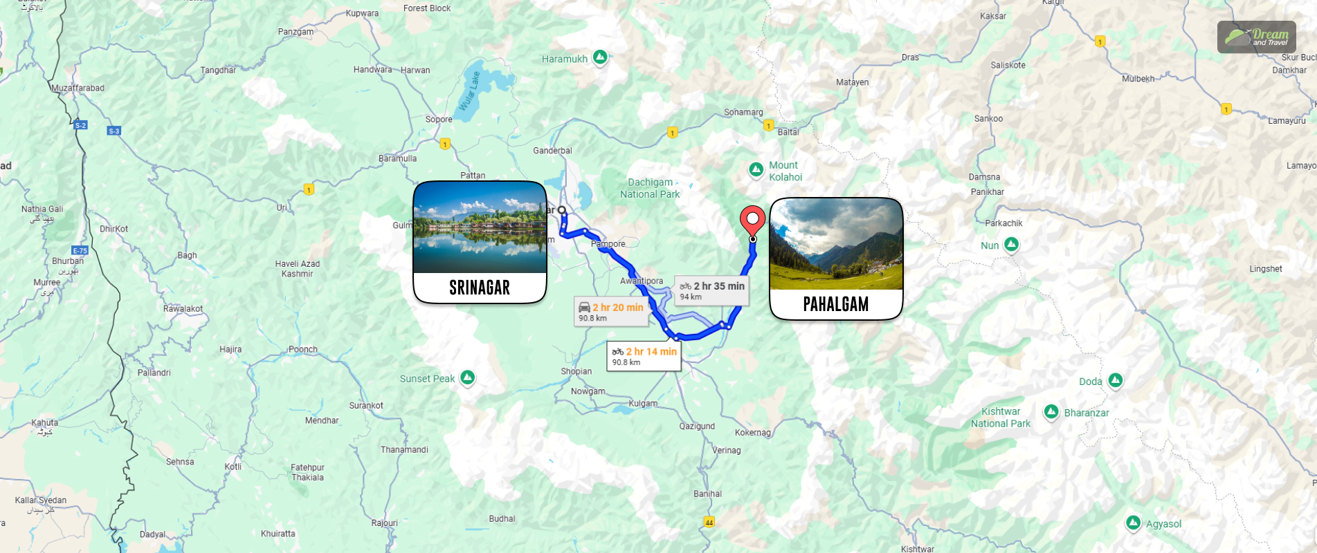 Srinagar To Pahalgam Distance