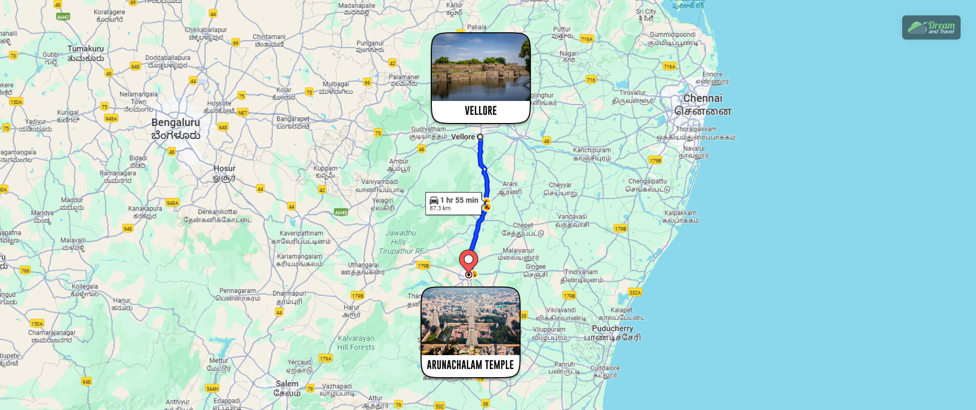 Vellore To Arunachalam Temple Distance