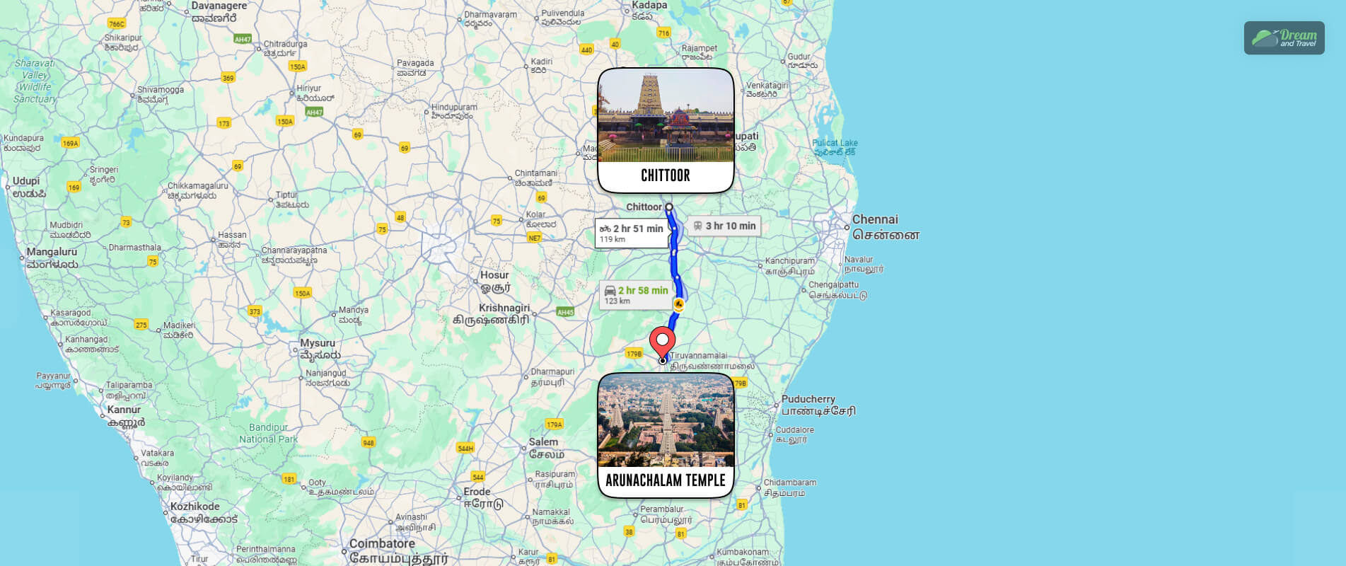 chittoor to arunachalam temple distance